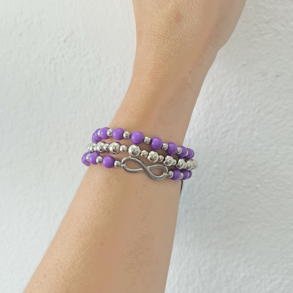 Papara​zzi Infinity Symbol Stretch Purple & Silver Beaded Stacking Bracelet - Picture 5 of 5